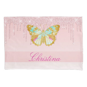 Personalised Dripping Glitter Pink Teal Butterfly Pillowcase