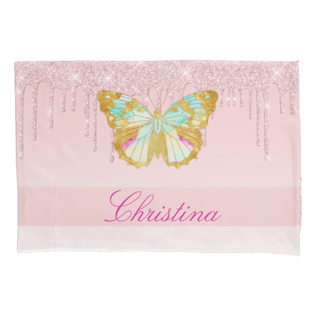 Personalised Dripping Glitter Pink Teal Butterfly Pillowcase (Front)