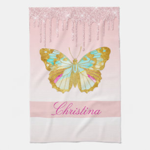 Personalised Dripping Glitter Pink Teal Butterfly Tea Towel