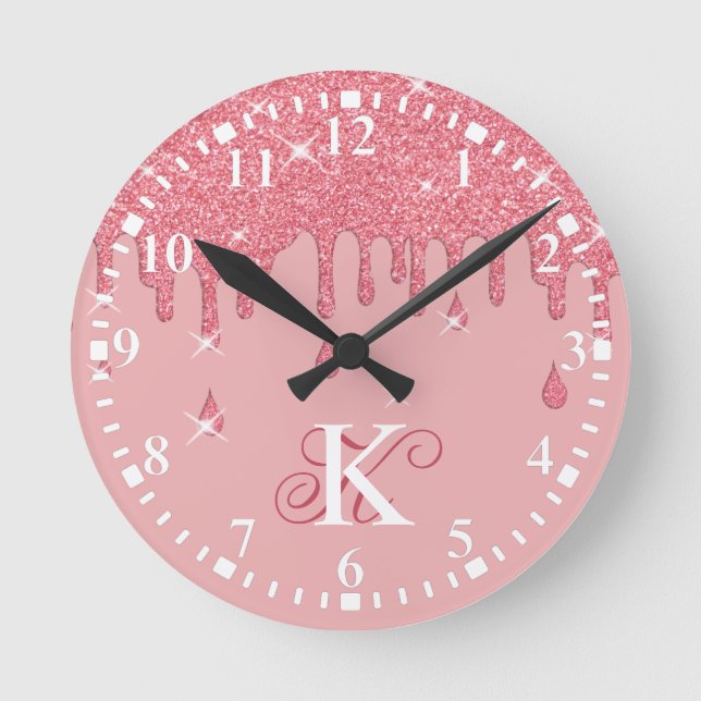 Personalised Dripping Pink Glitter Effect Sparkles Round Clock (Front)