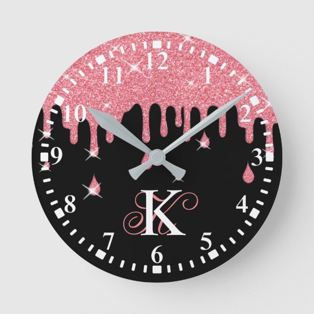 Personalised Dripping Pink Glitter Effect Sparkles Round Clock (Front)