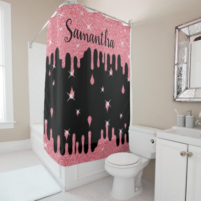 Personalised Dripping Pink Glitter Effect Sparkles Shower Curtain (In Situ)