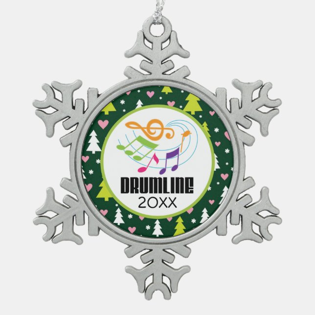 Personalised Drumline Christmas Band Snowflake Pewter Christmas Ornament (Front)