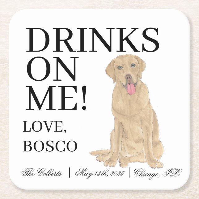 Personalised Dudley Labrador Dog Wedding Square Paper Coaster (Front)