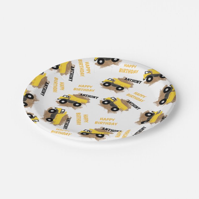 Personalised Dump Truck Construction Mud Boys Name Paper Plate (Angled)