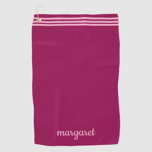 Personalised Dusky Maroon w/ Pink Stripes Golf Towel (Front)