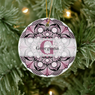 Personalised Dusky Rose Boho Floral Dot Mandala Ceramic Ornament