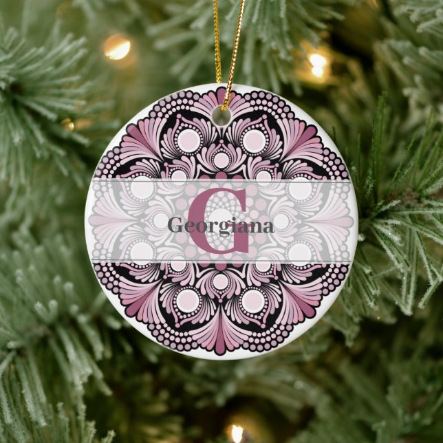 Personalised Dusky Rose Boho Floral Dot Mandala Ceramic Ornament (Tree)