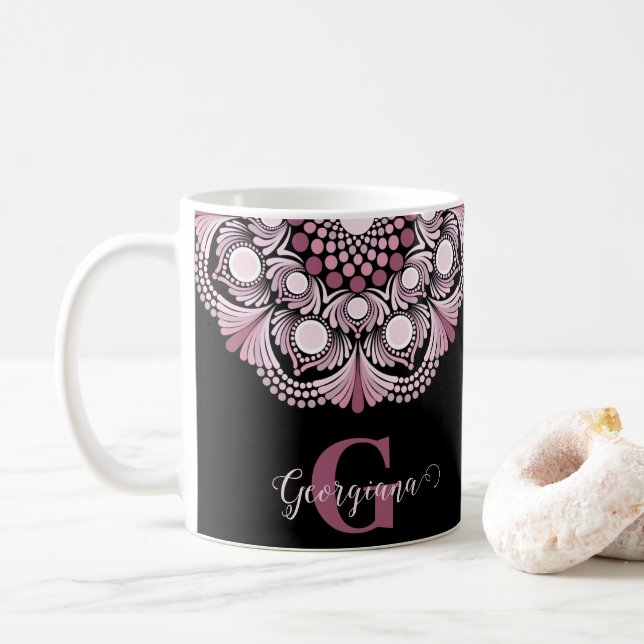 Personalised Dusky Rose Boho Floral Dot Mandala Coffee Mug (With Donut)