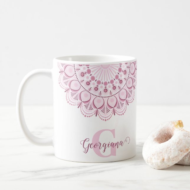 Personalised Dusky Rose Confetti Lace Dot Mandala Coffee Mug (With Donut)