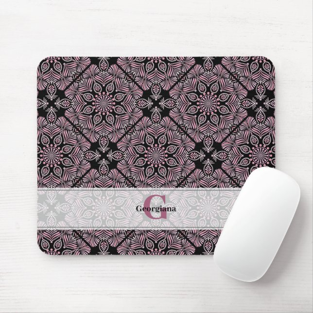 Personalised Dusky Rose Floral Fronds Mandala Tile Mouse Pad (With Mouse)