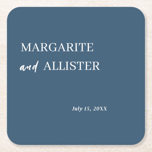 Personalised Dusly Blue Square Wedding Paper Coaster (Front)