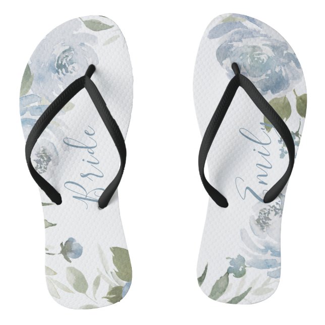 Personalised dusty blue botanical floral bride thongs (Footbed)