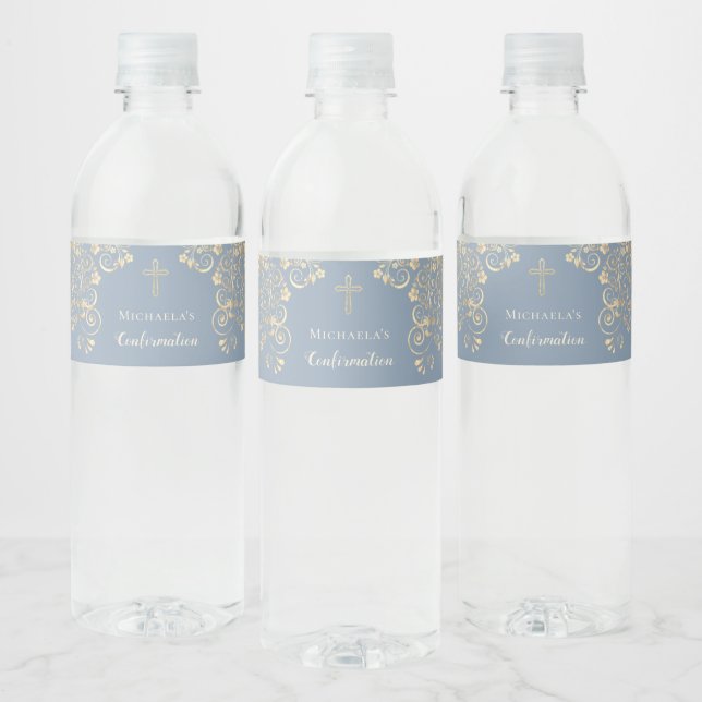 Personalised Dusty Blue Confirmation  Cross  Water Bottle Label (Bottles)