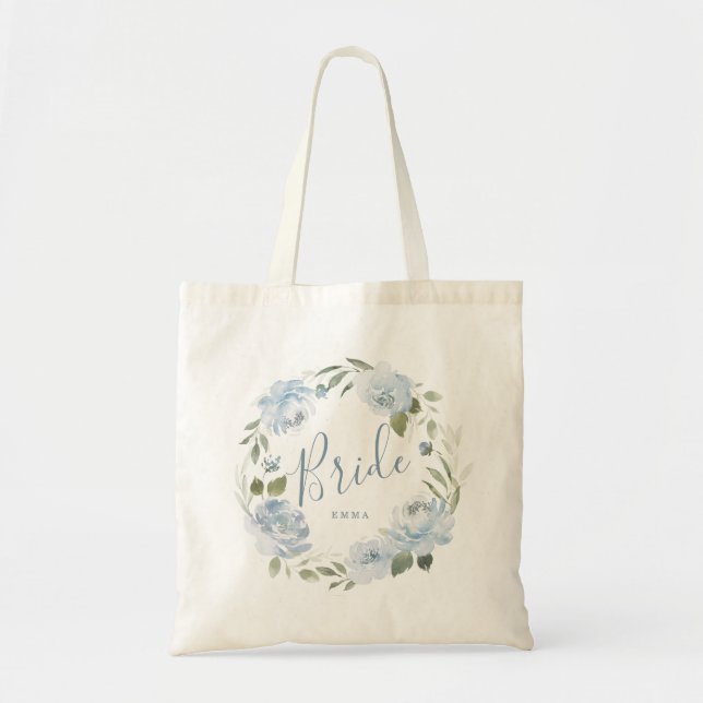 Personalised dusty blue floral bride tote bag (Front)