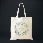 Personalised dusty blue floral bridesmaid tote bag<br><div class="desc">Modern script name with watercolor floral wreath in dusty blue and sage green,  cute personalised Bridesmaid tote bags for bridal party gifts.</div>