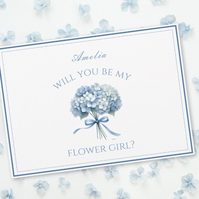 Personalised Dusty Blue Hydrangea Bow Flower Girl Card (Ask your flower girl with this customizable card, adorned with a delicate blue hydrangea and ribbon.)