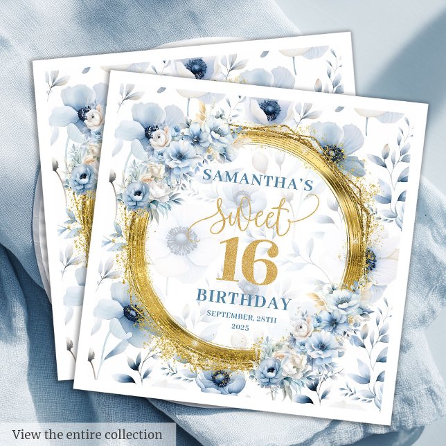 Personalised Dusty Blue Sweet Sixteen Gold Glitter Napkin (Personalized Dusty Blue Sweet Sixteen Gold Glitter Napkins)