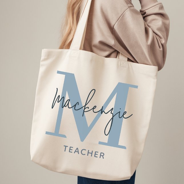 Personalised Dusty Blue Tote Bag Gift for Teachers (Personalized Tote Bag for Couples Anniversary Gift, Teachers, Students, Employees or Coworkers)