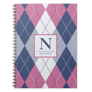 Personalised Dusty Pink & Navy Blue Preppy Argyle Notebook