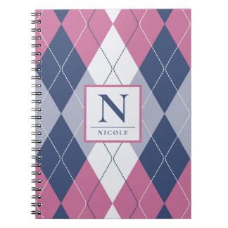 Personalised Dusty Pink & Navy Blue Preppy Argyle Notebook