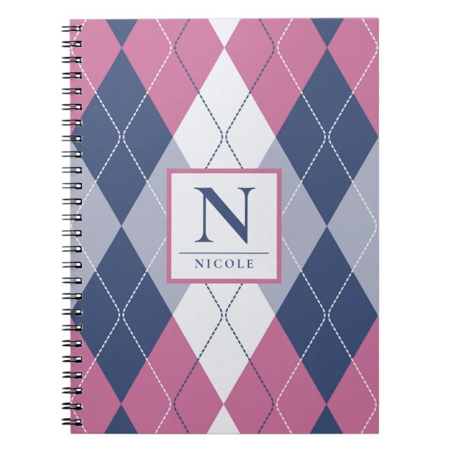 Personalised Dusty Pink & Navy Blue Preppy Argyle Notebook (Front)