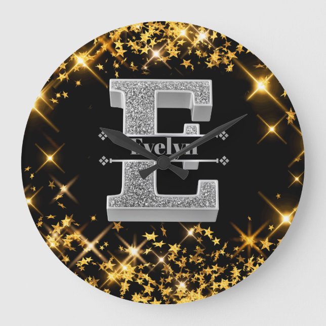 Personalised E Initial Silver Monogram Your Name Large Clock (Front)