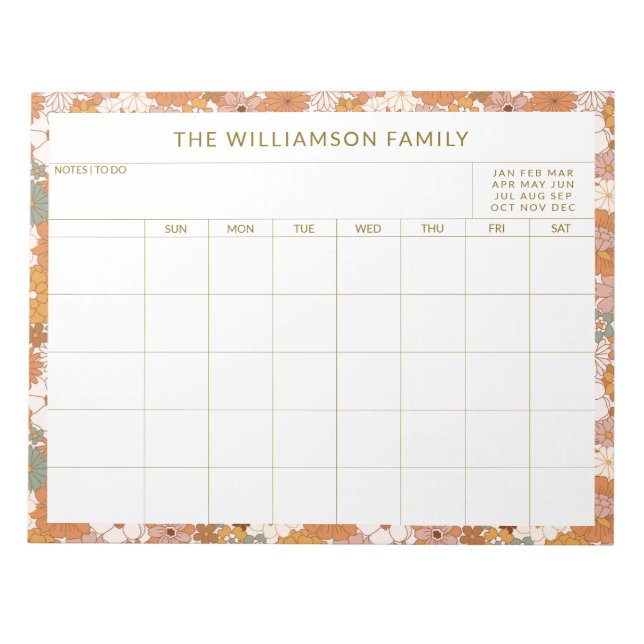 Personalised Earthy Floral Family Planner Calendar Notepad (Front)