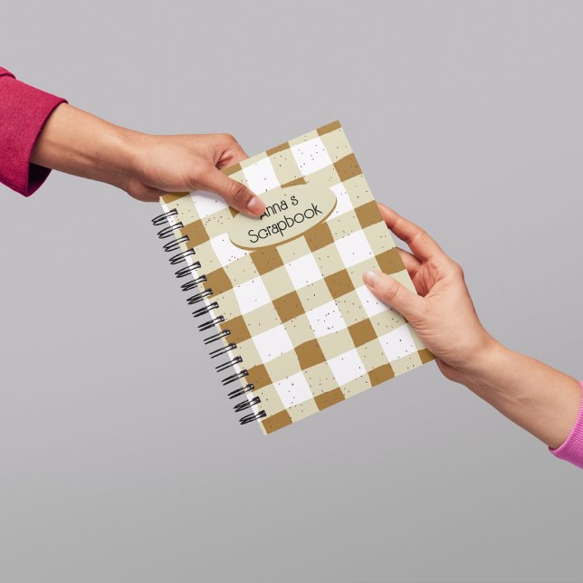 Personalised Earthy plaid Scrapbooking Brown Notebook (Cute earth tone gingham pattern notebook. Monogram scrapbooks. Personalized sketching notebooks.)