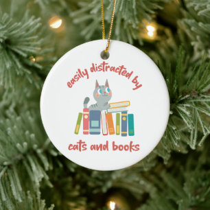 Personalised Easily Distracted by Cats and Books Ceramic Ornament