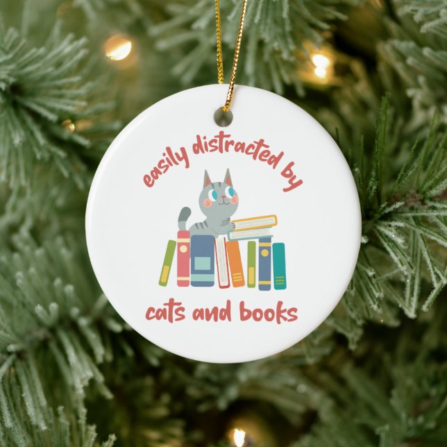Personalised Easily Distracted by Cats and Books Ceramic Ornament (Tree)