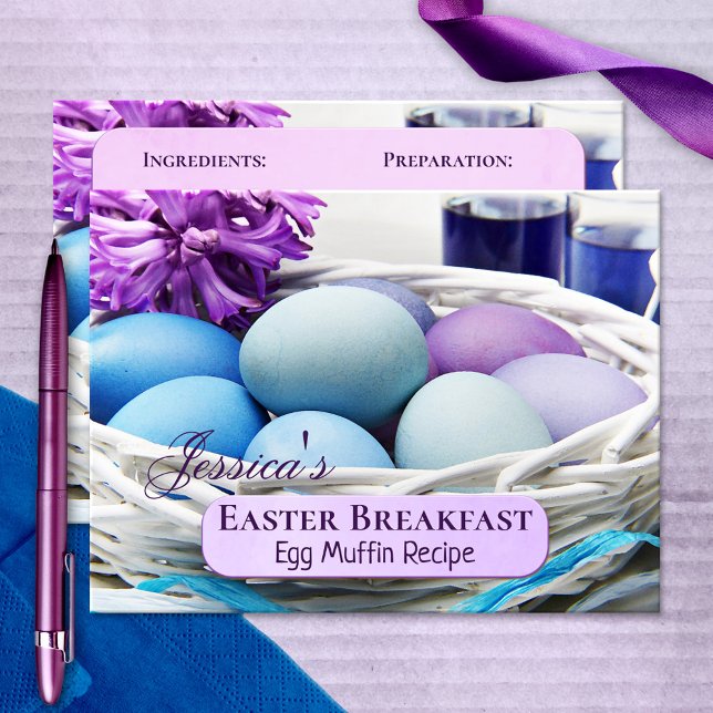 Personalised Easter Breakfast Recipe Template Postcard (Easter breakfast or brunch recipe postcard with an image of painted eggs in festive purple and blue)