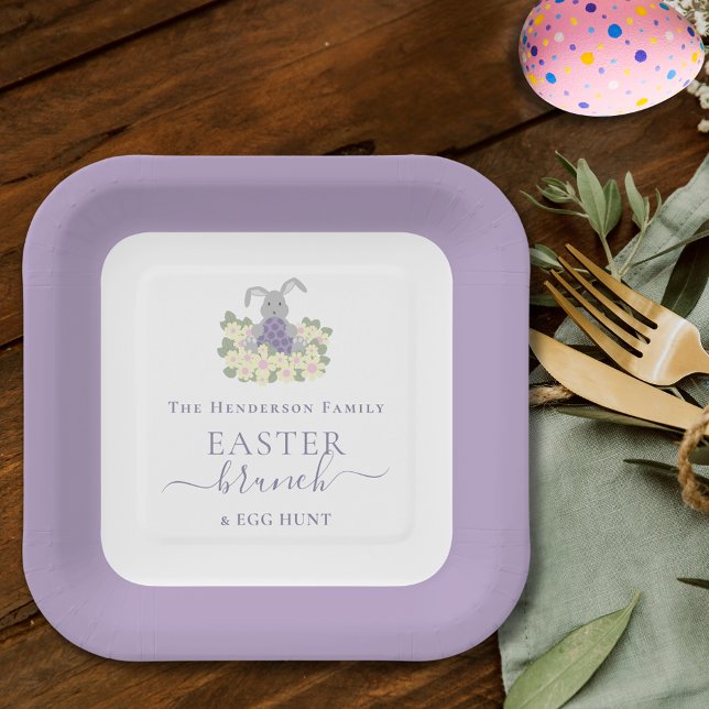 Personalised Easter Brunch and Egg Hunt Purple Paper Plate (Easter brunch and egg hunt cute bunny floral spring party purple paper plates elegant script)