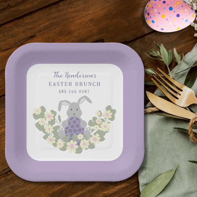 Personalised Easter Brunch Egg Hunt Bunny Floral Paper Plate (Personalized Easter brunch and egg hunt cute bunny party purple paper plates)