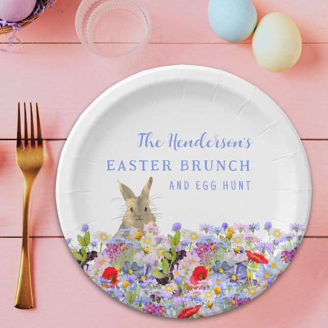 Personalised Easter Brunch Egg Hunt Bunny Floral Paper Plate (Personalized easter egg hunt spring brunch cute bunny wildflower floral paper plate)