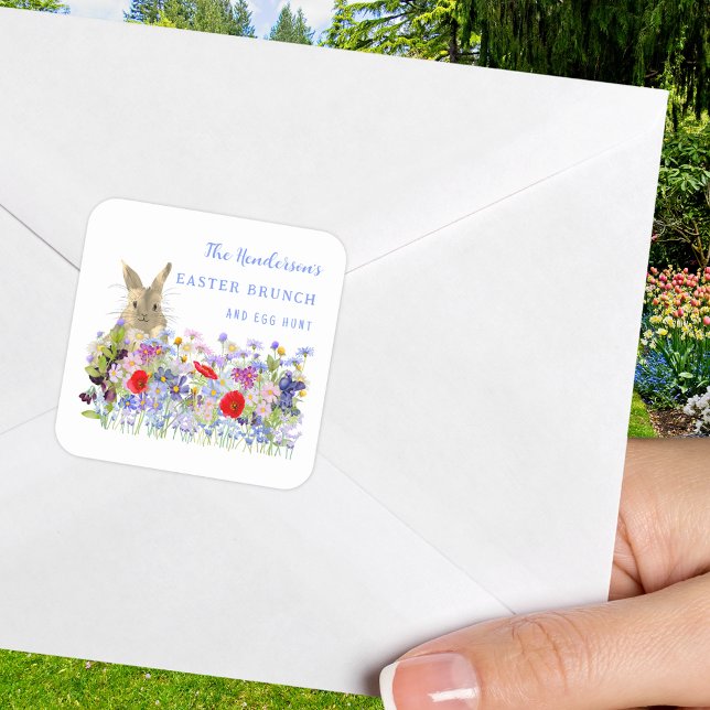 Personalised Easter Brunch Egg Hunt Bunny Floral Square Sticker (Easter brunch and egg hunt custom sticker with watercolor wildflowers and cute Easter bunny)
