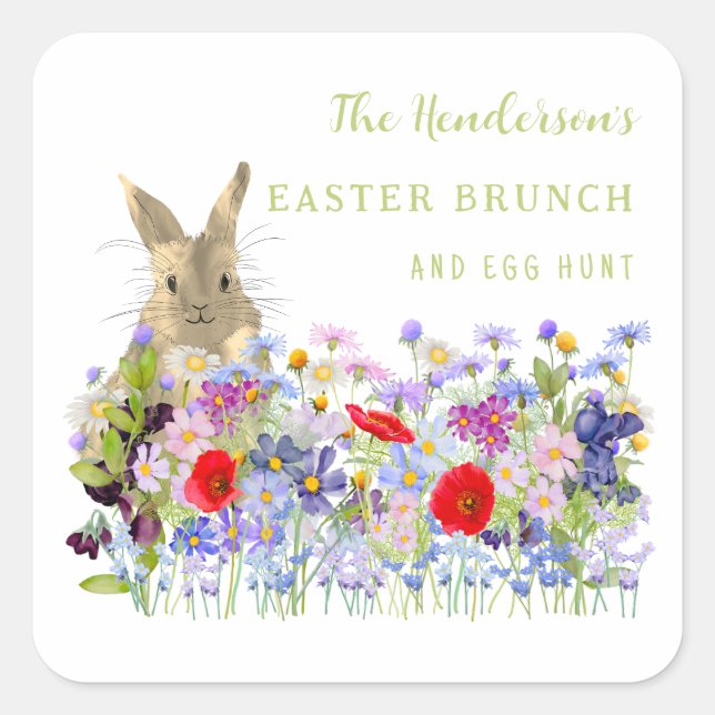 Personalised Easter Brunch Egg Hunt Bunny Floral Square Sticker (Front)