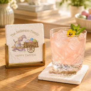 Personalised Easter Bunny and Easter Egg Cart Stone Coaster