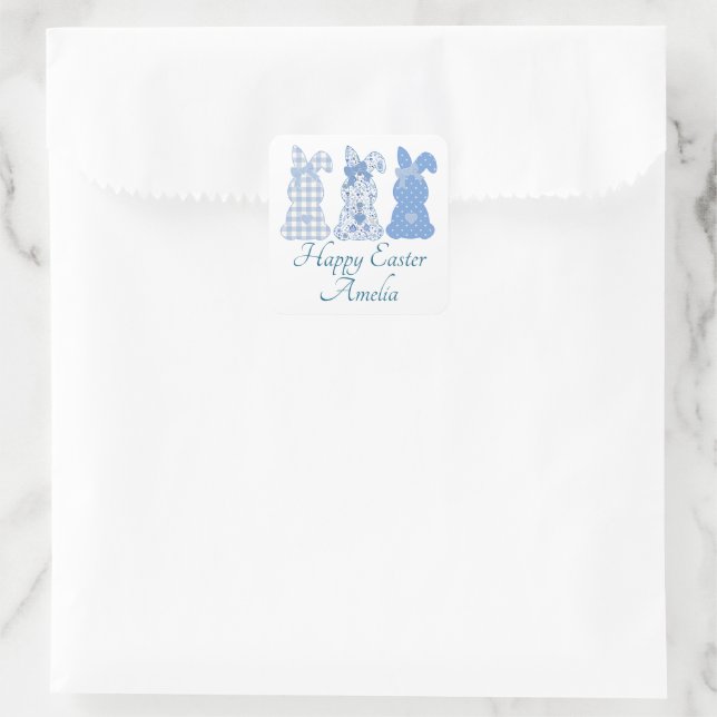 Personalised Easter Bunny Coquette Blue White Square Sticker (Bag)
