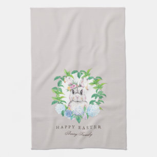 Personalised Easter Bunny Floral Wreath Tea Towel