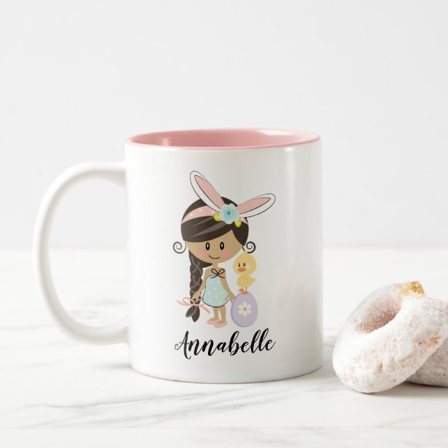 Personalised Easter Bunny Girl Mug Dark Skin Hair (With Donut)