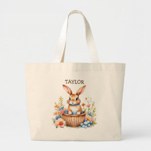 Personalised Easter Bunny Sitting in Basket Large Tote Bag