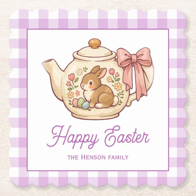 Personalised Easter Bunny Teapot Gingham Family Paper Coaster (Front)