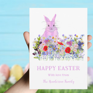 Personalised Easter Bunny Watercolor Wildflower Holiday Card