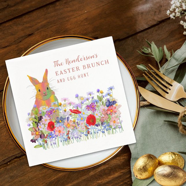 Personalised Easter Egg Hunt Brunch Bunny Floral Napkin (Personalized easter egg hunt spring brunch cute bunny floral terracotta orange script party napkin)