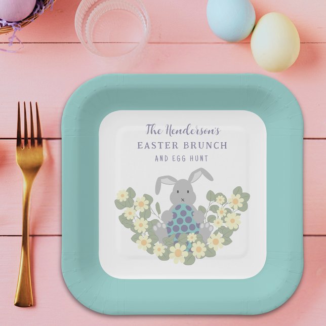 Personalised Easter Egg Hunt Brunch Bunny Floral Paper Plate (Personalized easter egg hunt spring brunch cute bunny floral paper plate)