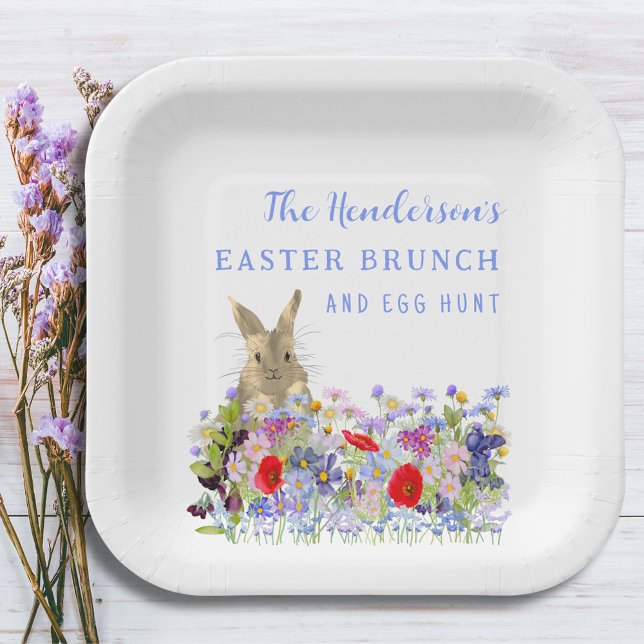 Personalised Easter Egg Hunt Brunch Bunny Floral Paper Plate (Easter brunch and egg hunt floral custom paper plates with cute bunny and watercolor wildflowers )
