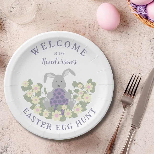 Personalised Easter Egg Hunt Bunny Spring Floral Paper Plate (Personalized easter egg hunt cute bunny floral welcome party paper plate)