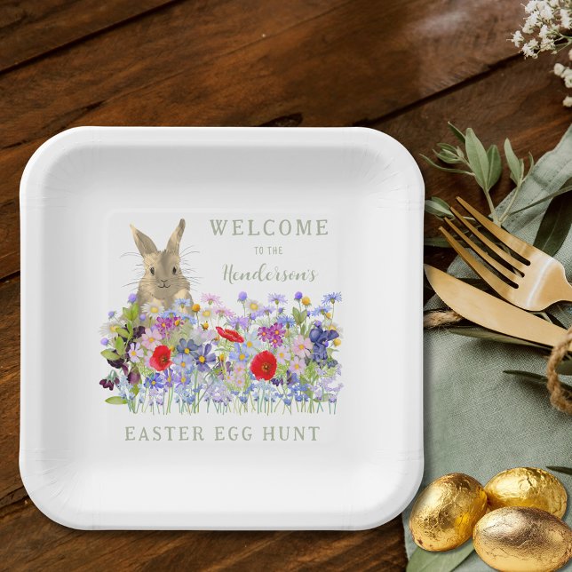 Personalised Easter Egg Hunt Cute Bunny Floral  Paper Plate (Personalized easter egg hunt cute bunny colorful wildflower meadow spring floral party paper plate)