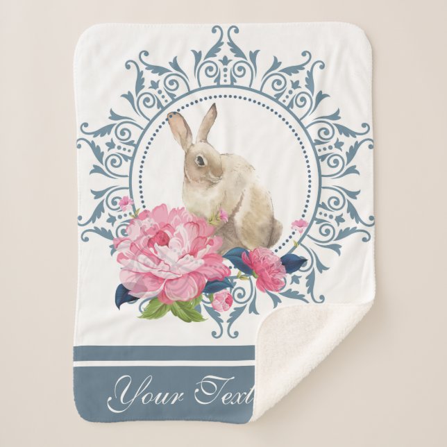 Personalised Easter Rabbit Floral Sherpa Blanket (Front)